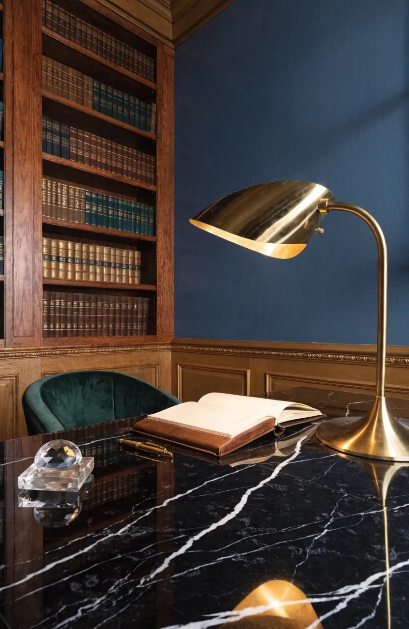 A gold Art Deco task lamp on a marble desk in a luxury navy blue office.