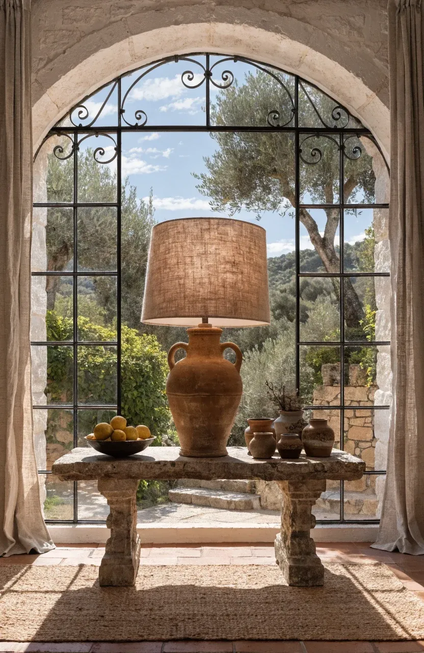 An earthy terracotta jug lamp with a linen shade in a bright, sunlit Mediterranean room.