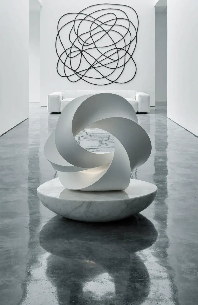 A matte white sculptural resin lamp in a minimalist, all-white modern living room.