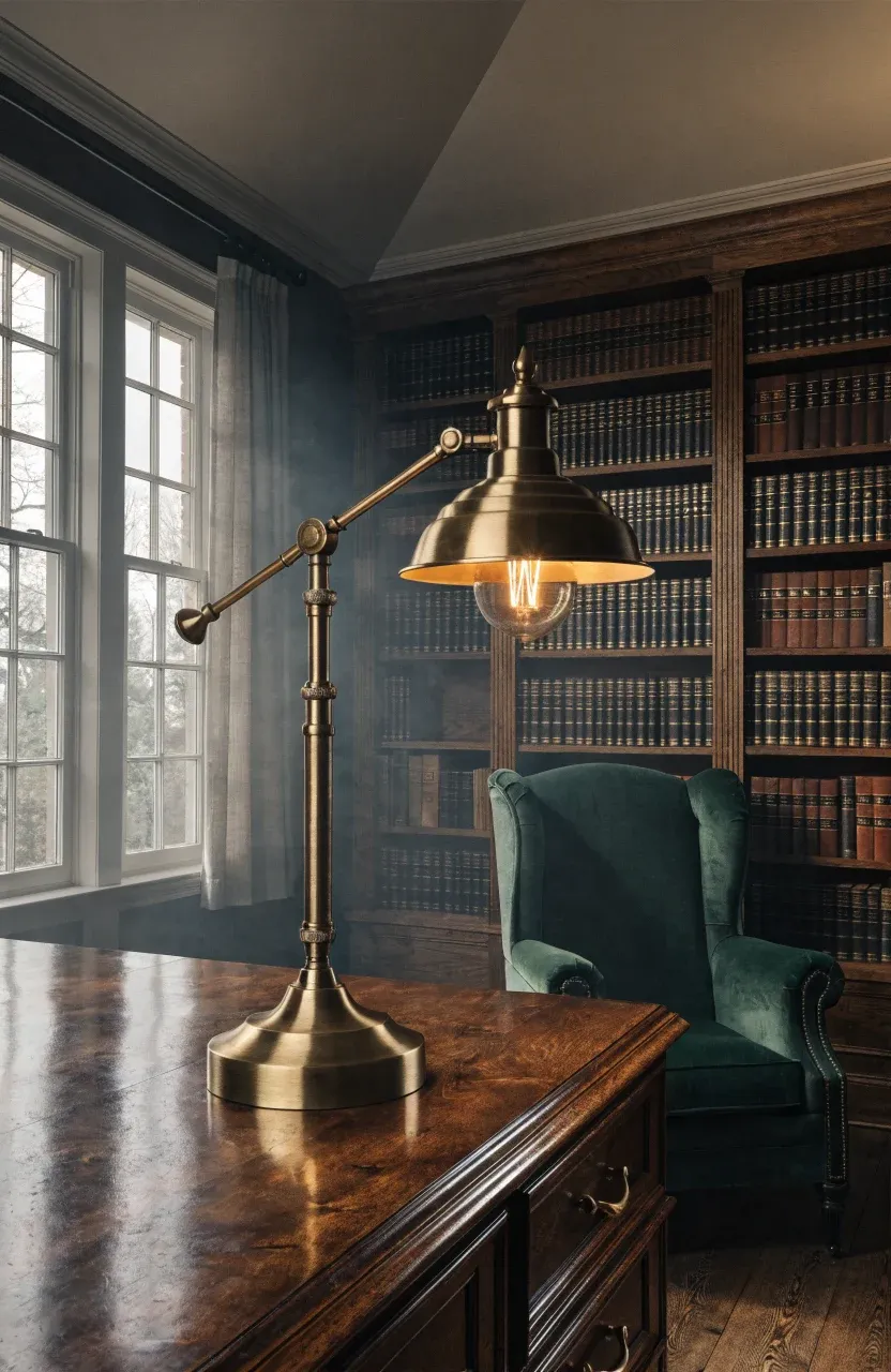 A classic brass pharmacy lamp with an adjustable arm on a wooden desk in a cozy home library.