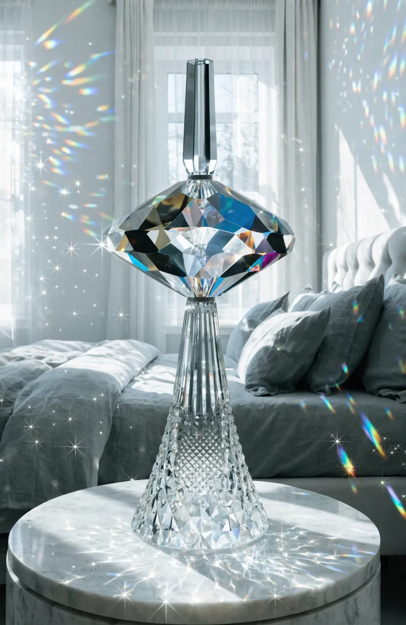 A crystal table lamp casting rainbow light patterns across a bright, modern white bedroom.