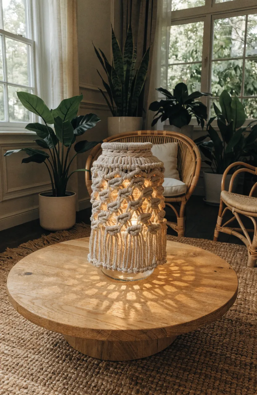 A boho macrame wrapped jar lamp on a wooden table surrounded by indoor plants.