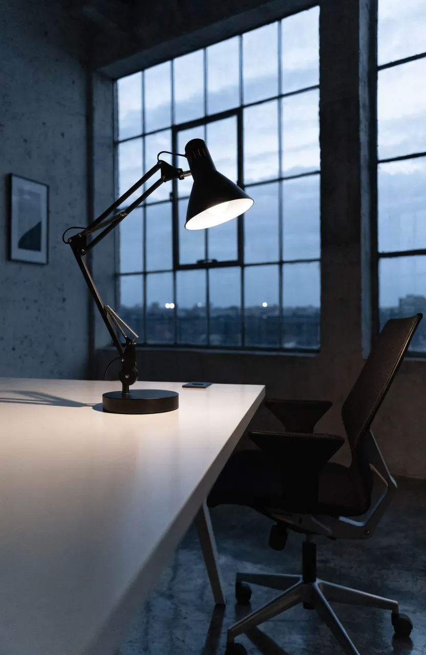 A minimalist matte black swing arm lamp in a modern industrial home office setting.