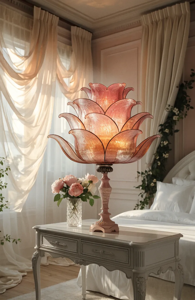 A romantic flower-shaped glass lamp glowing with warm pink and amber light on a vanity.