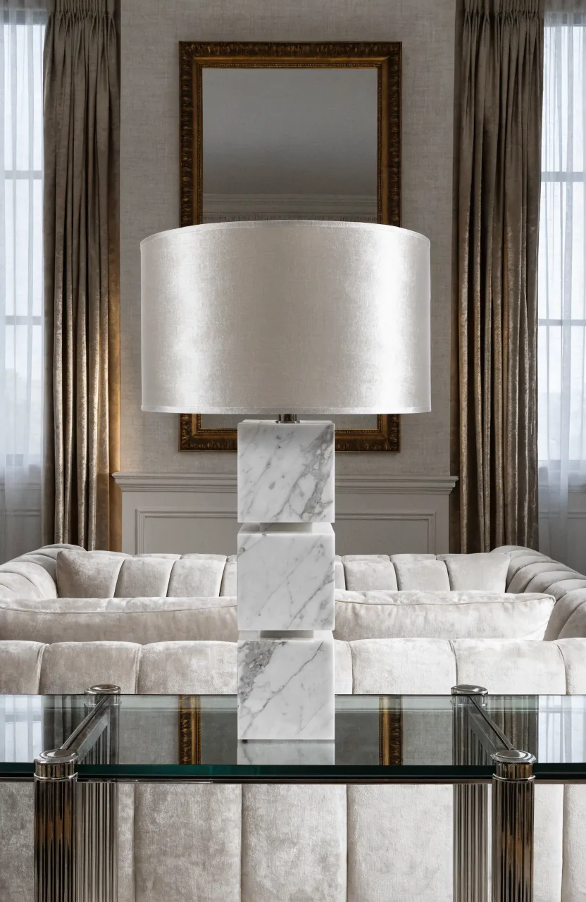 A sophisticated stacked marble table lamp with a silk shade in a formal, high-end living room.