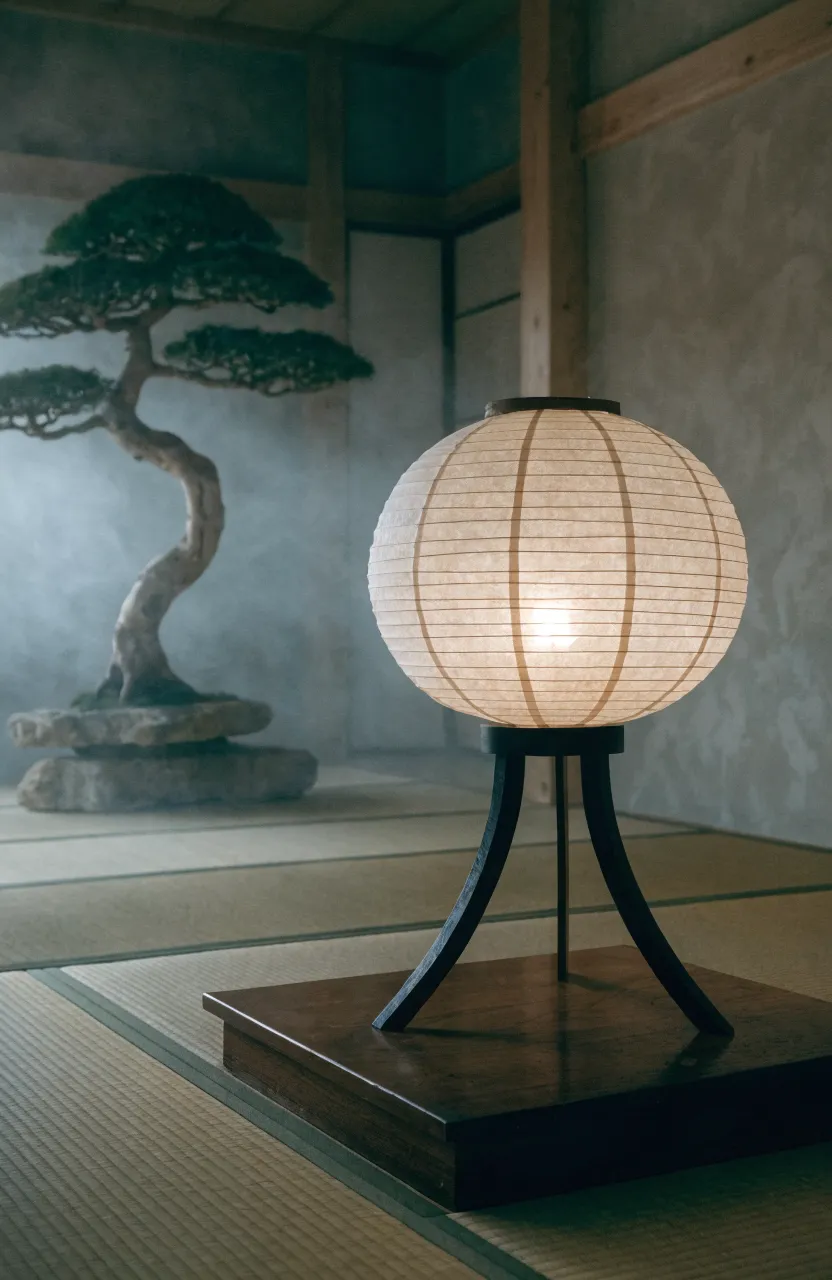 A glowing Japanese rice paper lantern lamp in a minimalist, peaceful Zen meditation space.