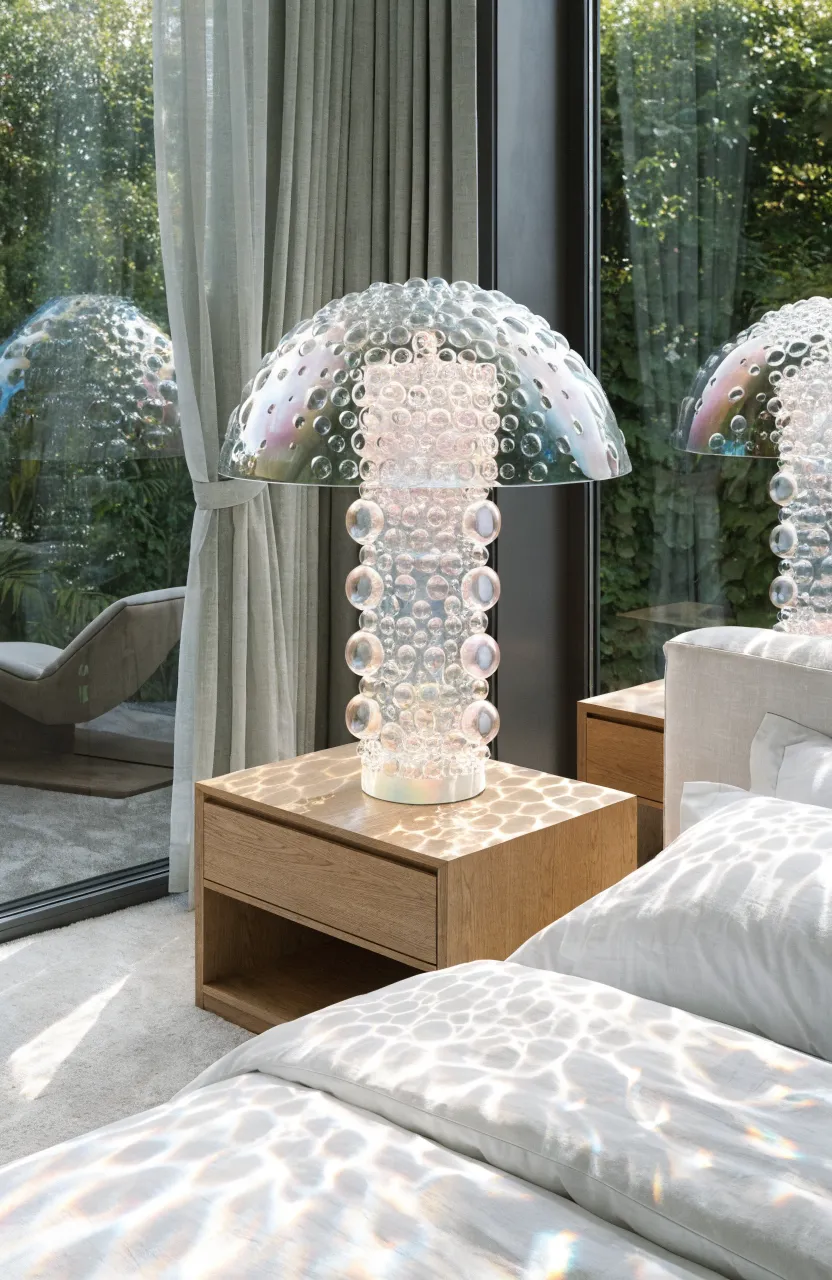 An iridescent bubble glass lamp on a wooden nightstand in a bright, modern white bedroom.