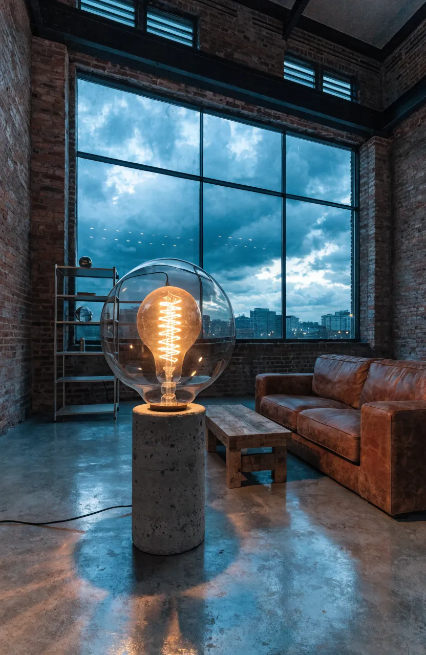 A raw concrete lamp with a warm glowing bulb in a stylish industrial loft with brick walls.