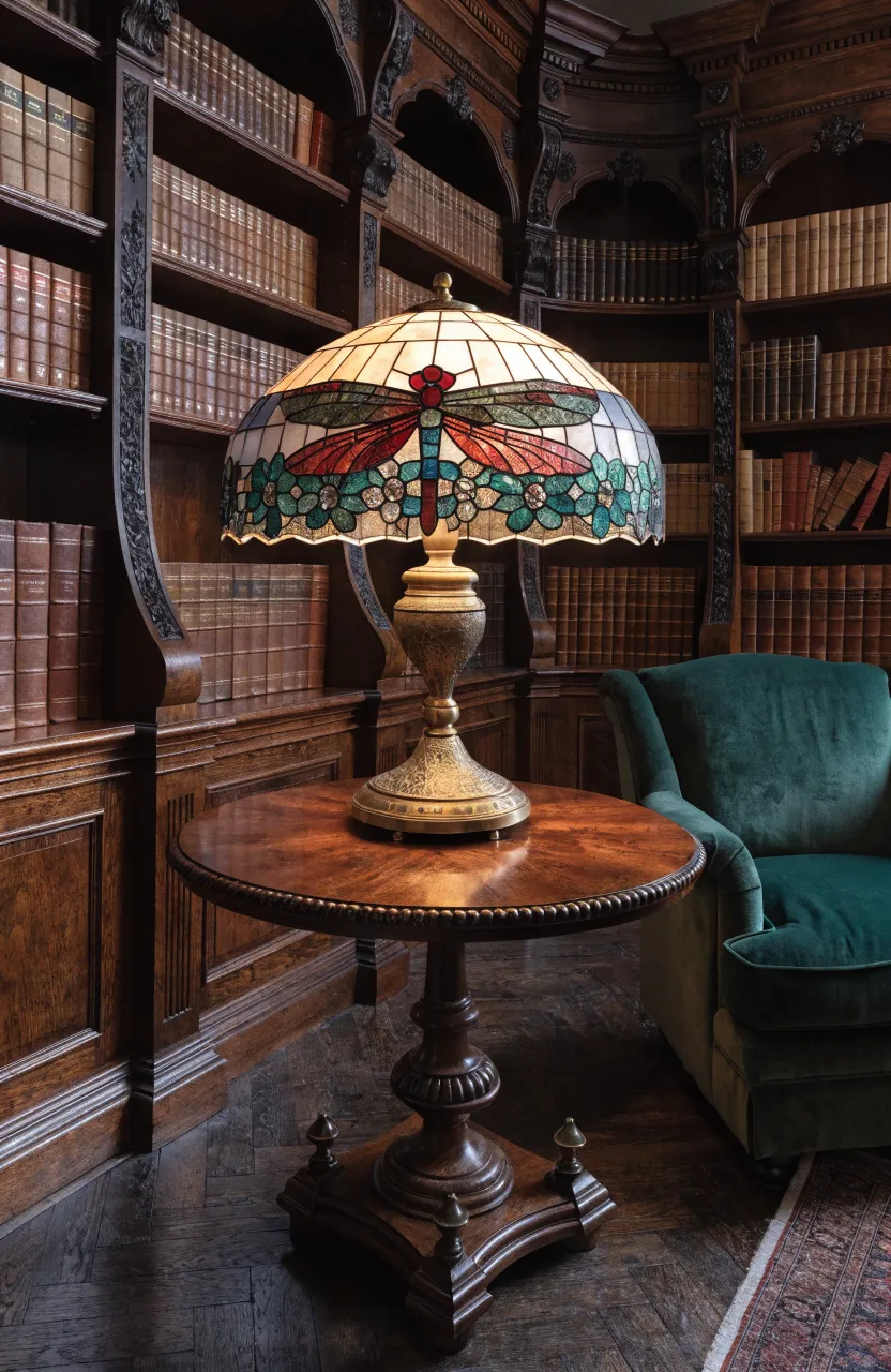 A colorful Tiffany stained glass lamp glowing on a side table in a dark, classic library.