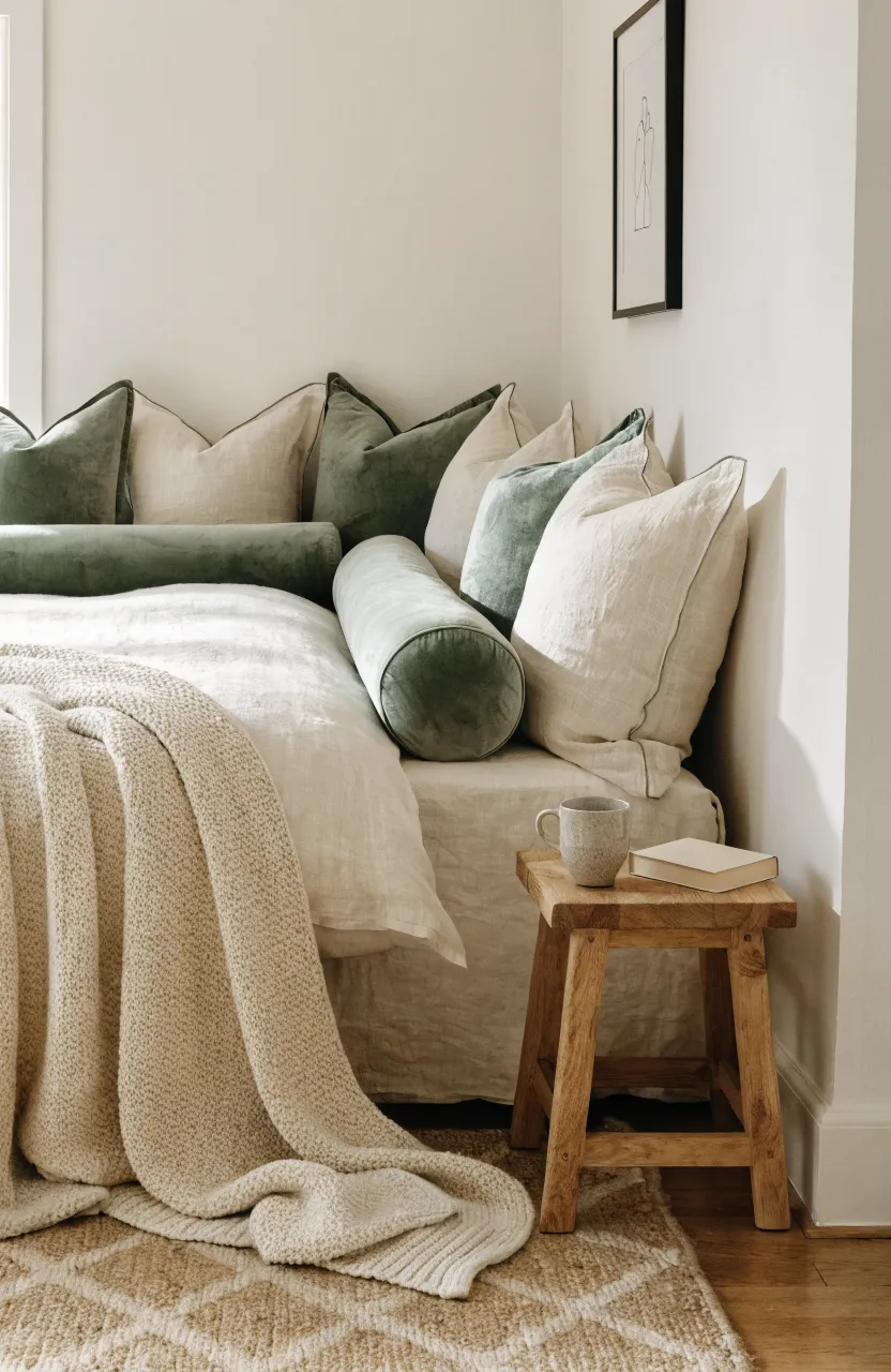 A bed in a corner with pillows arranged in an L-shape against two walls for a sofa-like feel.