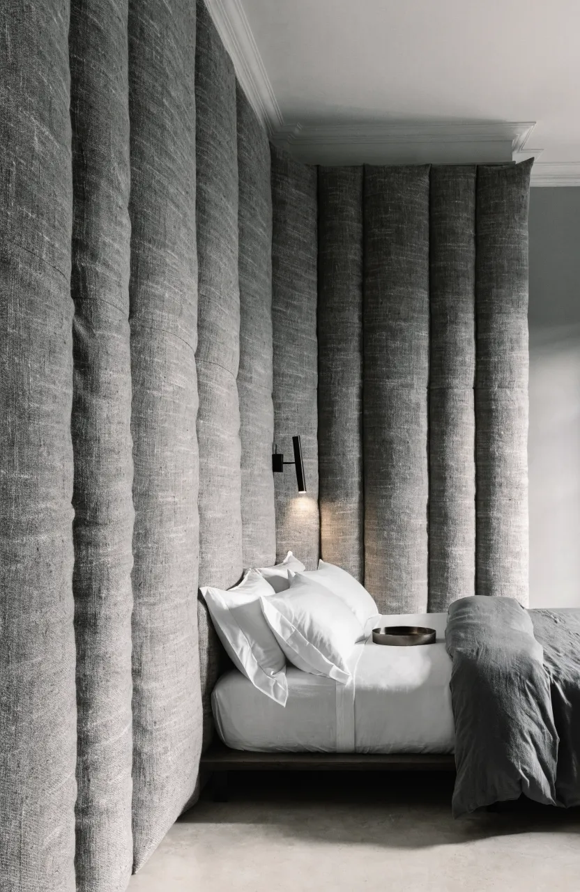 A bed in a corner with tall grey fabric panels extending to the ceiling on both walls.