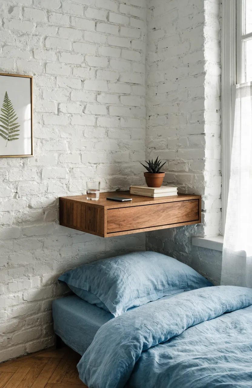 A small bedroom corner with a bed against the wall and a walnut floating shelf above it.
