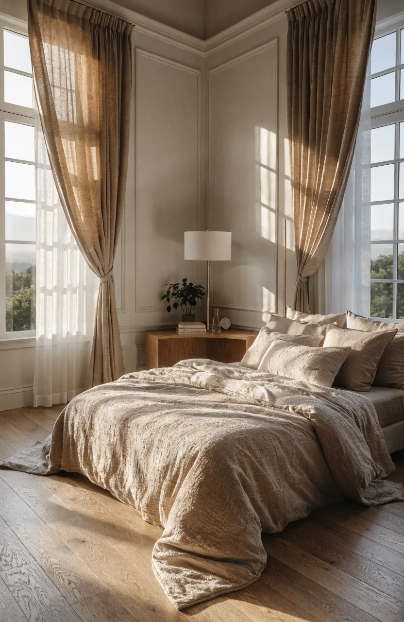 A bed positioned at an angle in a room corner with a triangular table filling the space behind.