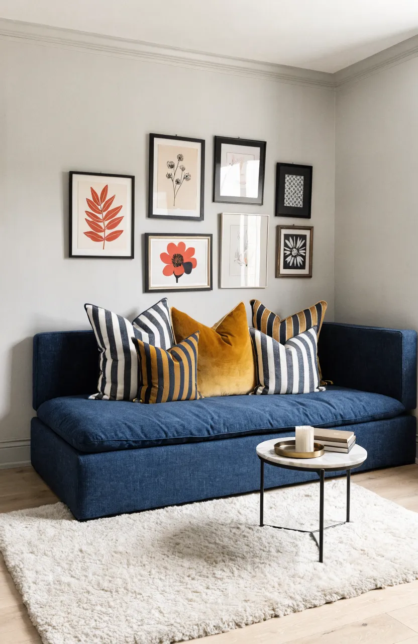 A navy daybed placed sideways against a wall with many pillows, looking like a sofa.
