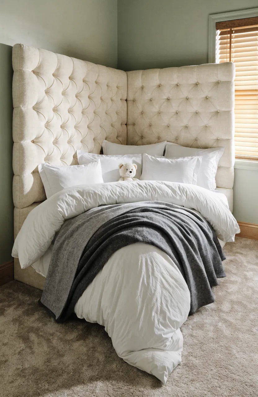 A bed in a corner with matching headboards on two sides, creating a cozy enclosed nook.