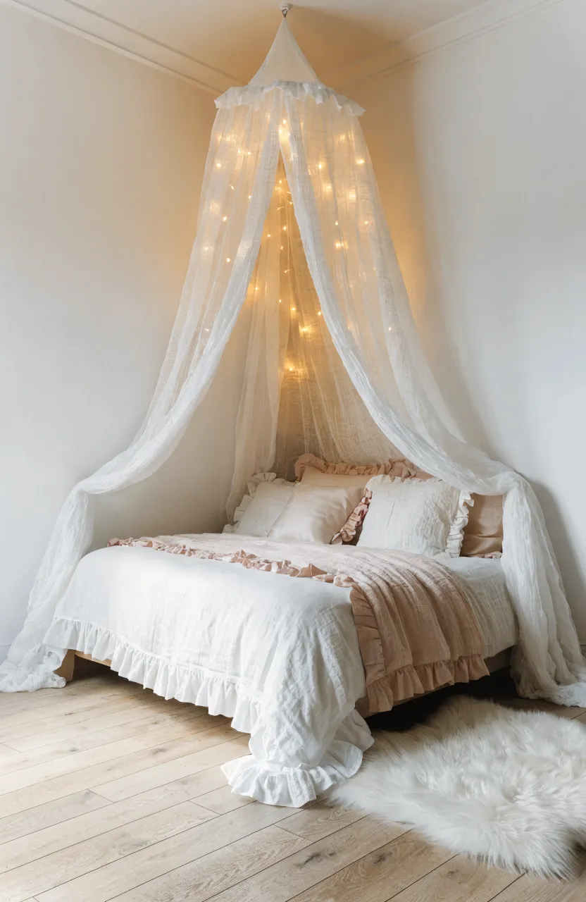 A bed in a corner with a sheer white fabric canopy draped from the ceiling corner.