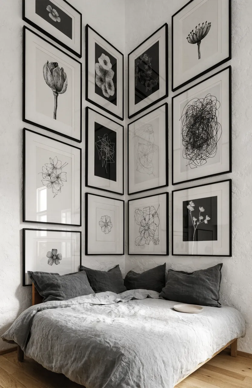A bed in a room corner with a gallery wall of framed art wrapping around both walls.