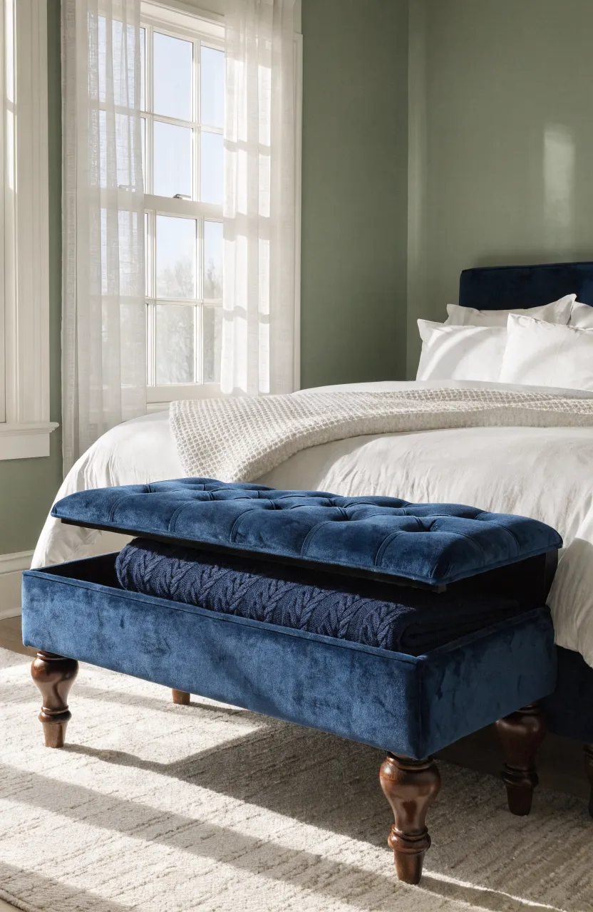 A navy velvet storage bench at the foot of a white bed tucked into a room corner.