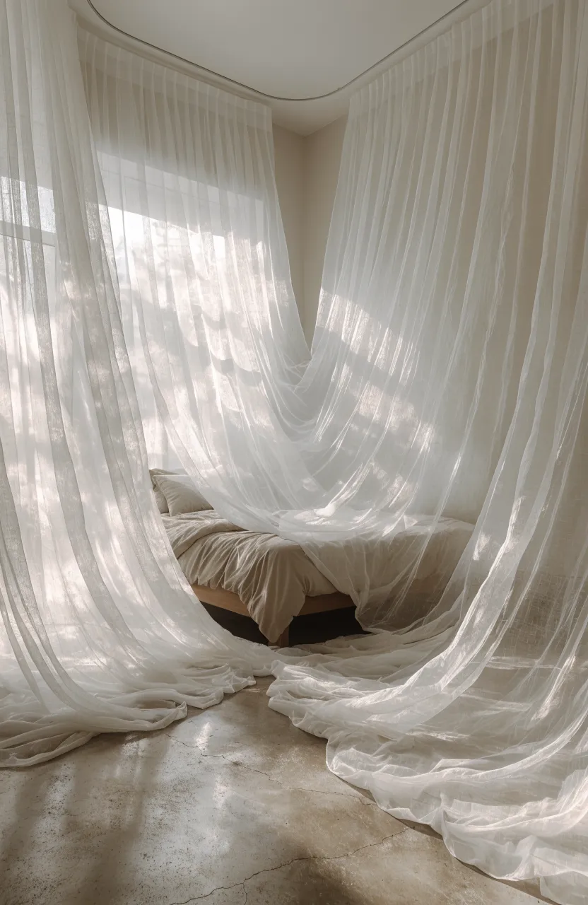 Sheer white curtains on a curved ceiling track enclosing a bed in a room corner.