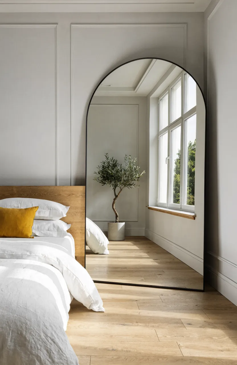 A large black-framed mirror leaning next to a bed in a corner, reflecting a bright room.