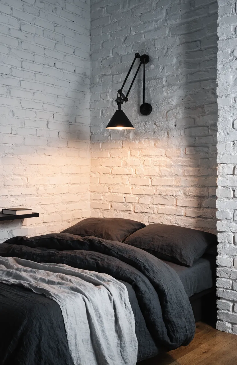 A black swing-arm sconce mounted on a white brick wall above a bed in a corner.