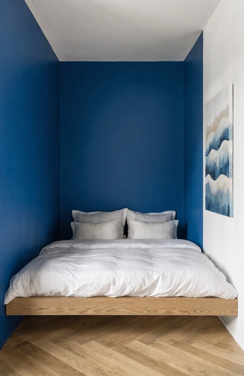 A bed in a corner where the two meeting walls are painted deep navy blue against white walls.