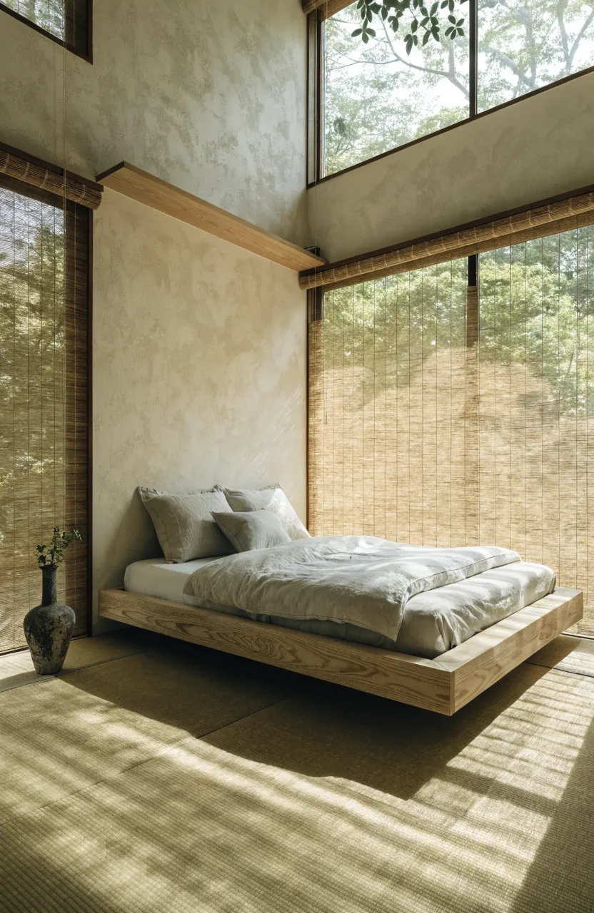 A low-profile ash wood platform bed nestled into a minimalist room corner.