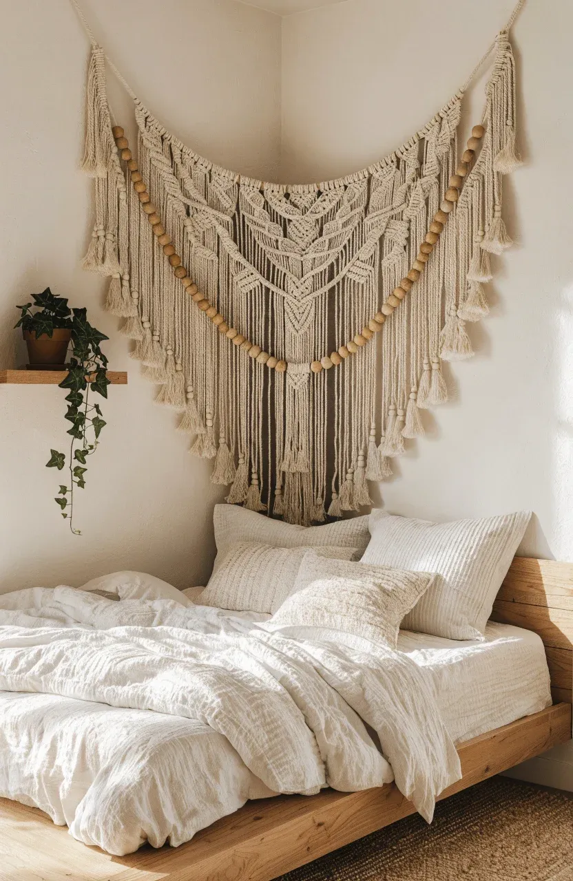 A large macrame textile hanging in the corner above a wooden bed with white linens.