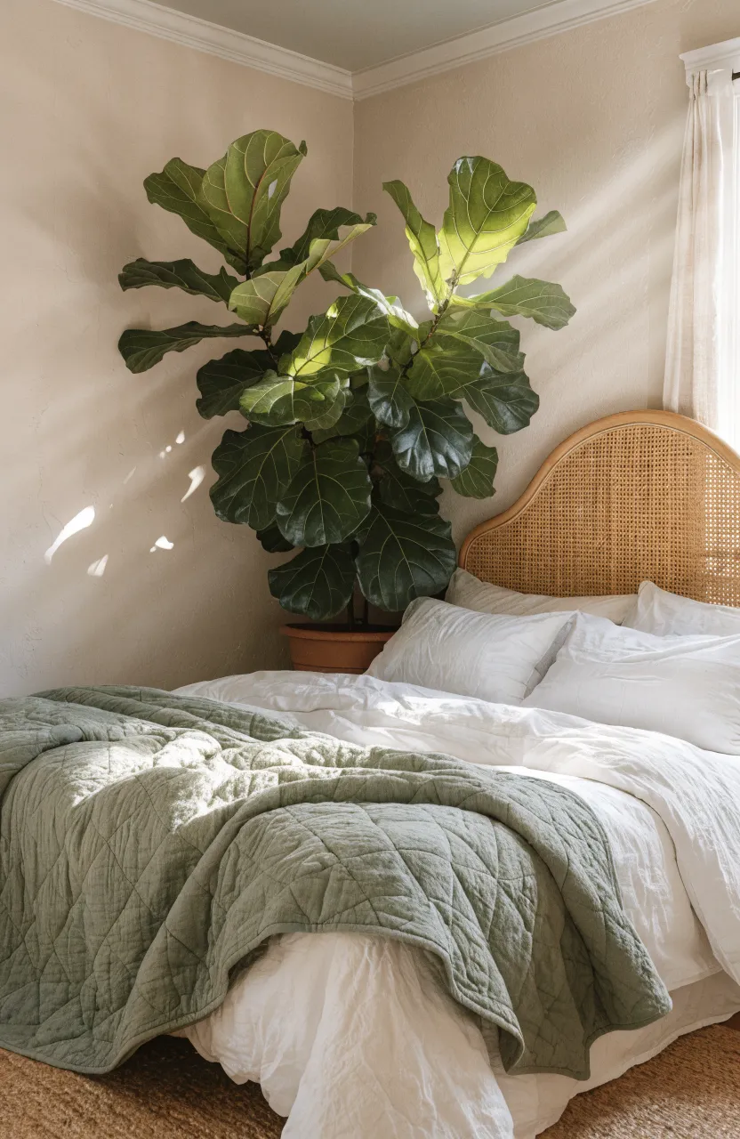 A bed angled in a corner with a tall green plant filling the space behind the headboard.