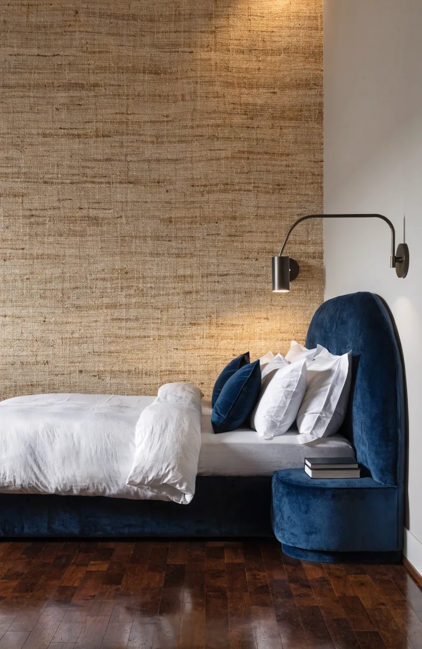 A bed in a corner with one wall covered in textured tan grasscloth wallpaper.