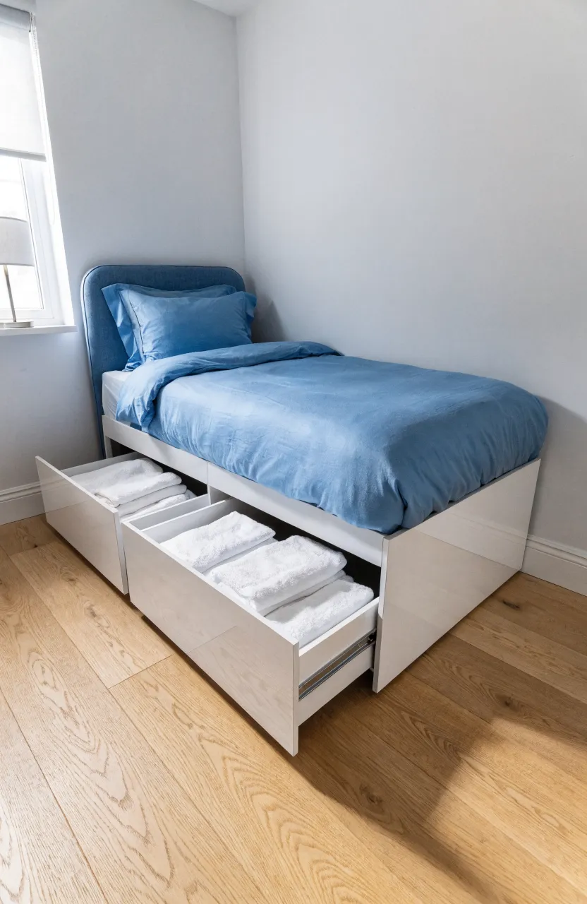 A white bed frame in a corner with storage drawers pulled out on the open side.