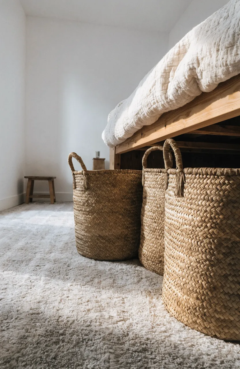 Three woven baskets stored under the side of a bed pushed against a corner wall.