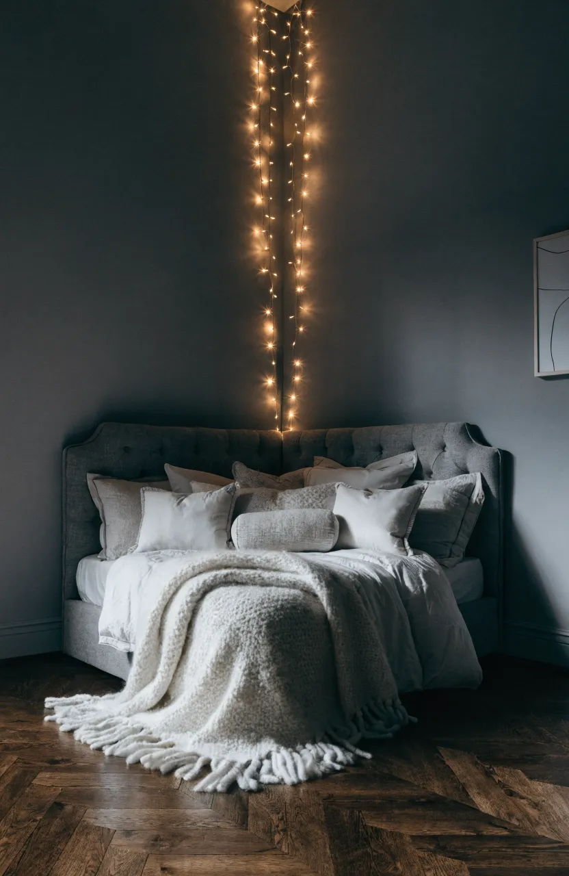 Warm fairy lights hanging in the corner seam above a bed with grey bedding.