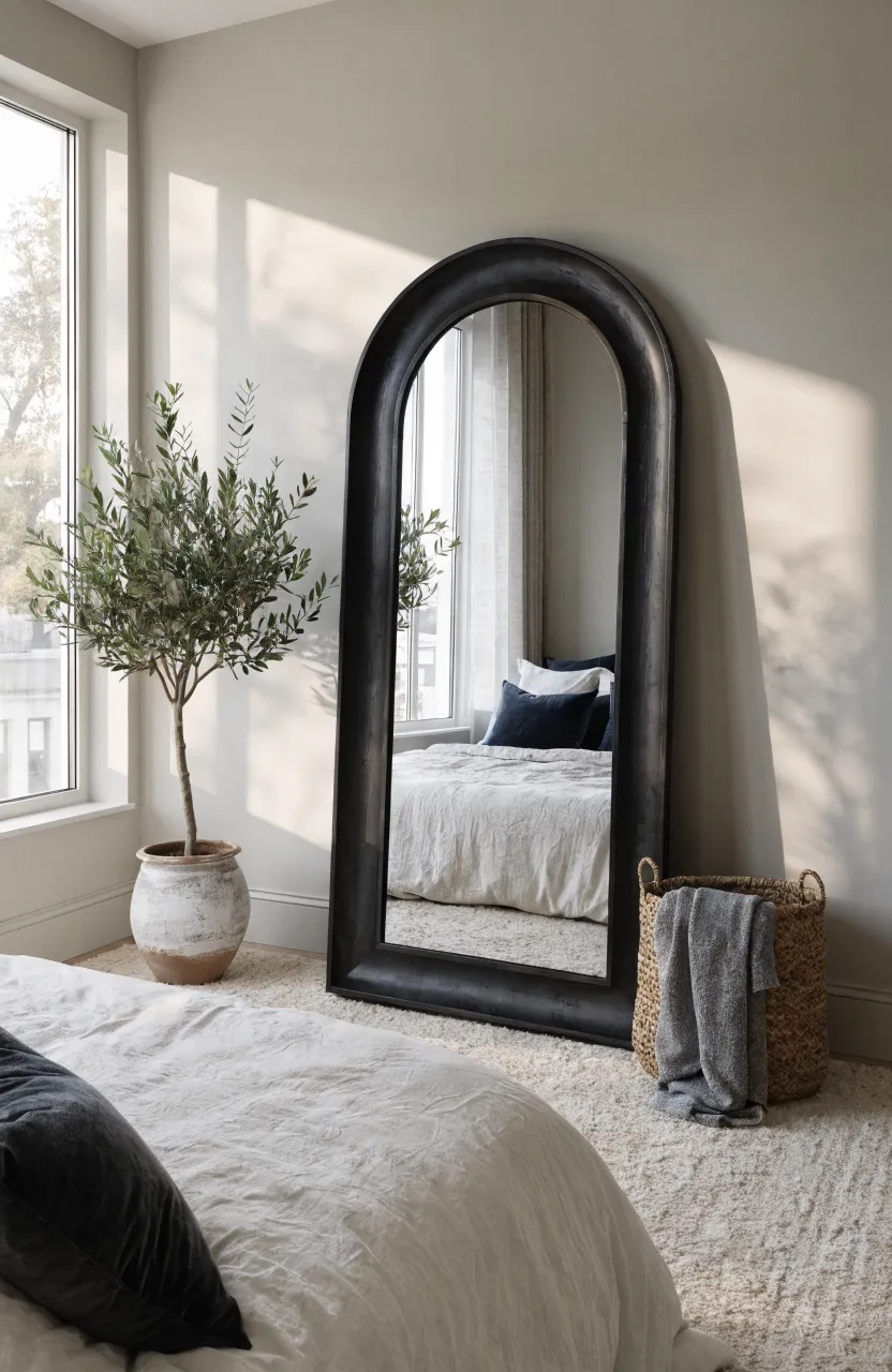 A large black-framed mirror leaning against a neutral bedroom wall next to a potted plant.