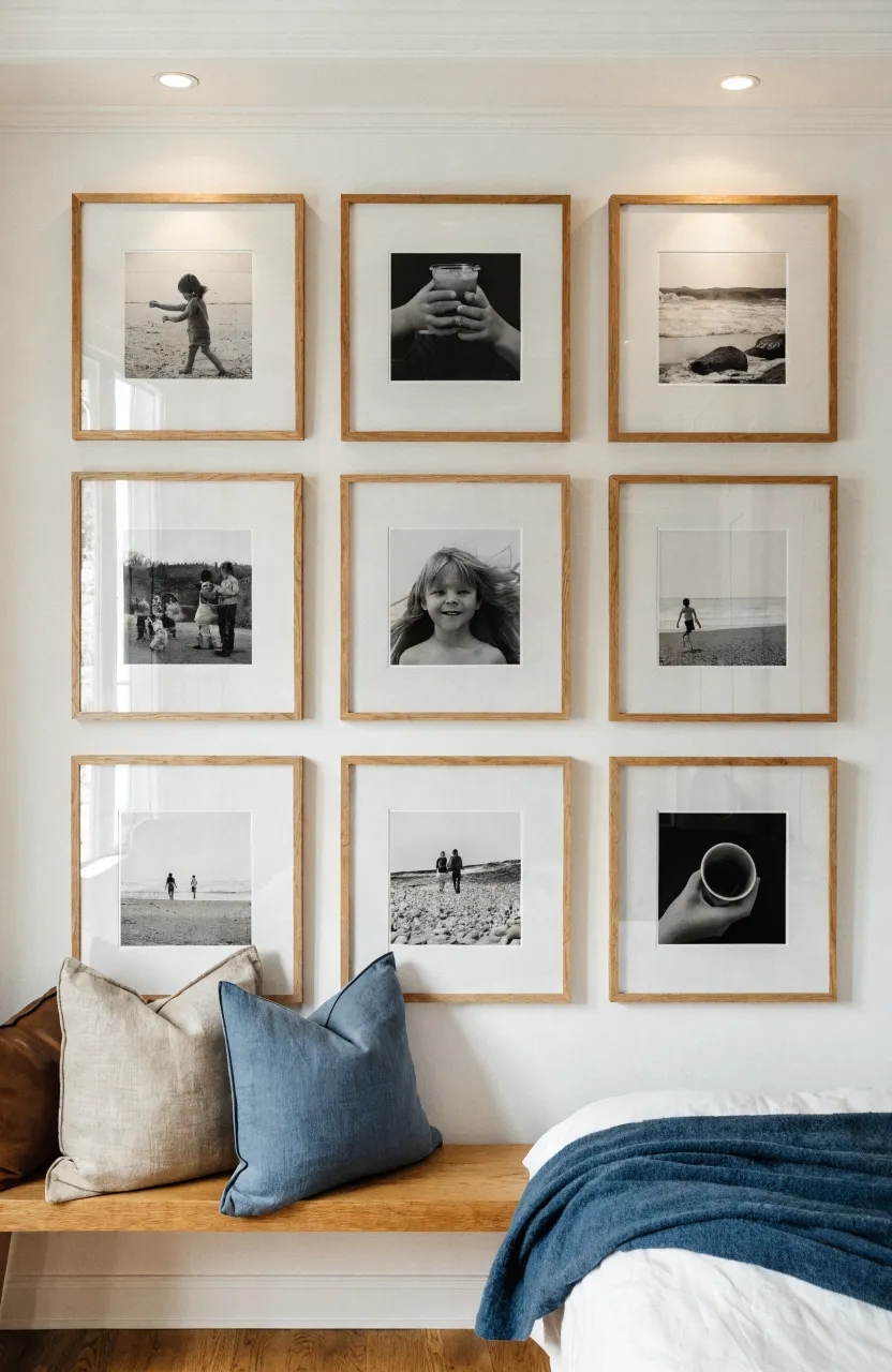 A 3x3 grid of black and white framed photos hanging above a wooden bench in a bedroom.