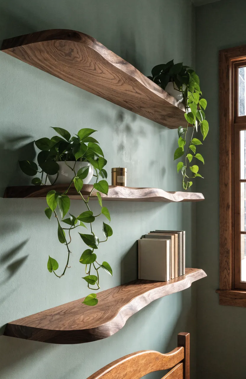 Three staggered wooden floating shelves with trailing green plants and books on a green wall.