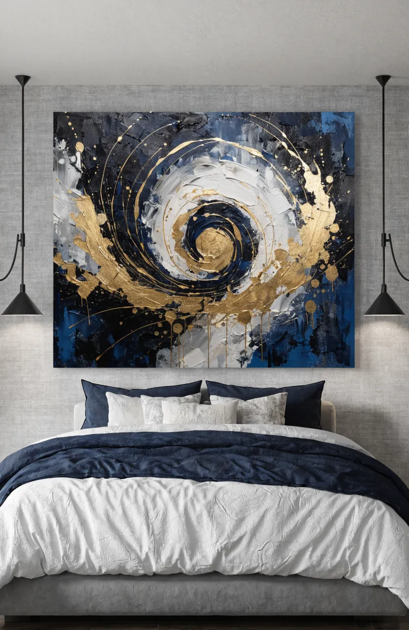 A large horizontal abstract painting with blue and gold tones hanging on a gray bedroom wall.