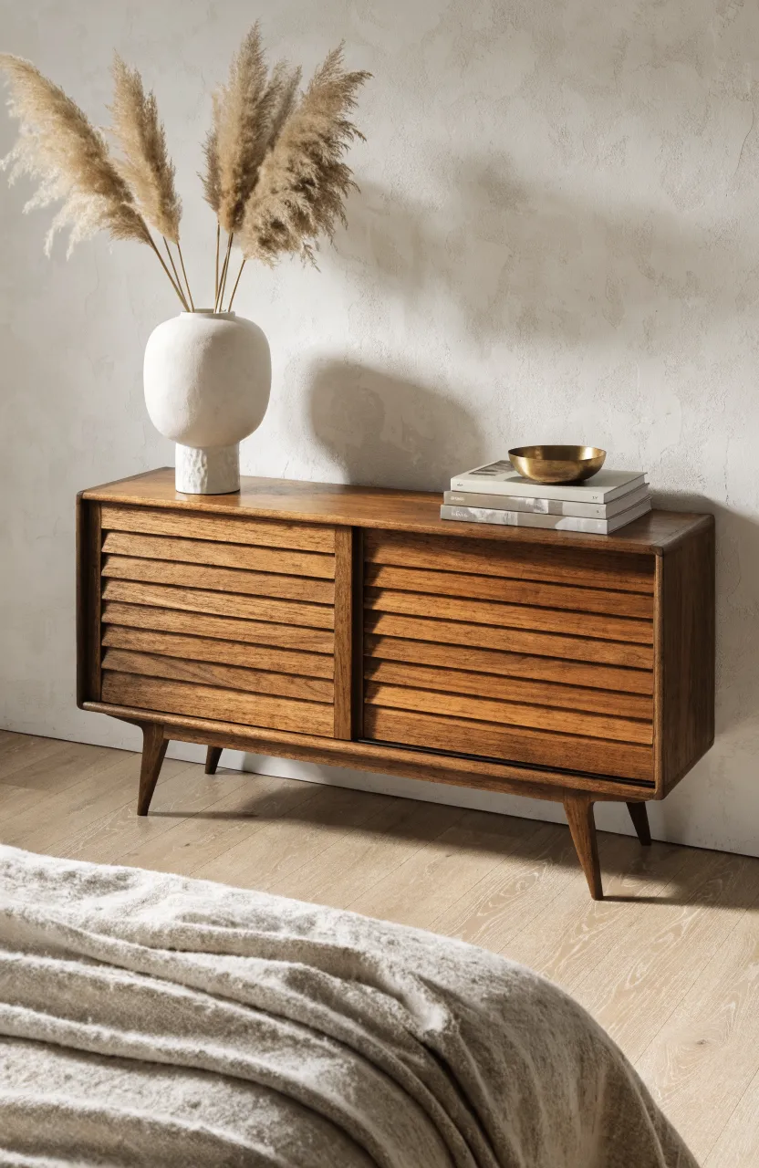 A mid-century teak console table with a vase of pampas grass and books against a white wall.