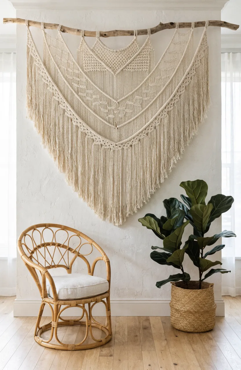 A large ivory macrame wall hanging on a white wall above a rattan chair and a floor plant.