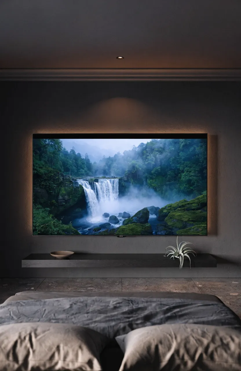 A sleek wall-mounted TV displaying a landscape painting on a dark gray bedroom wall.