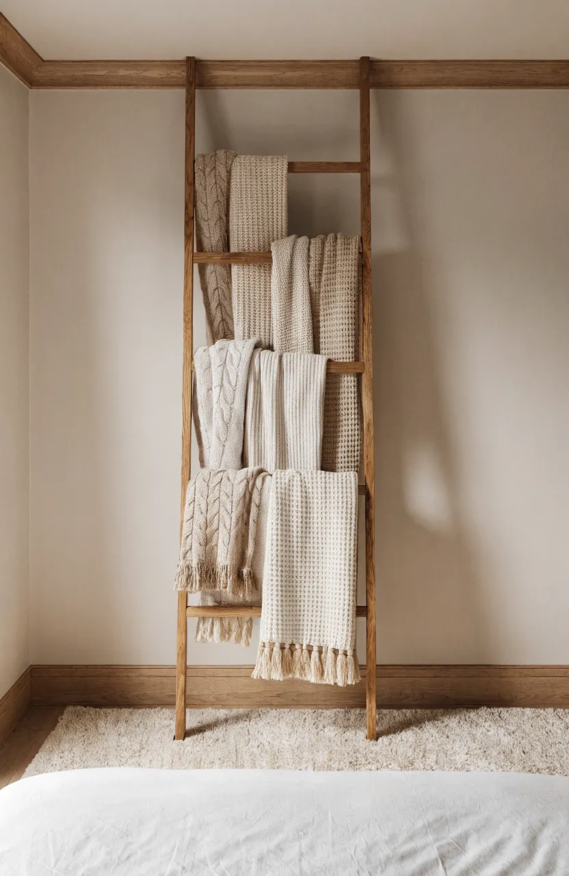 A wooden ladder leaning against a bedroom wall holding several folded knit blankets.