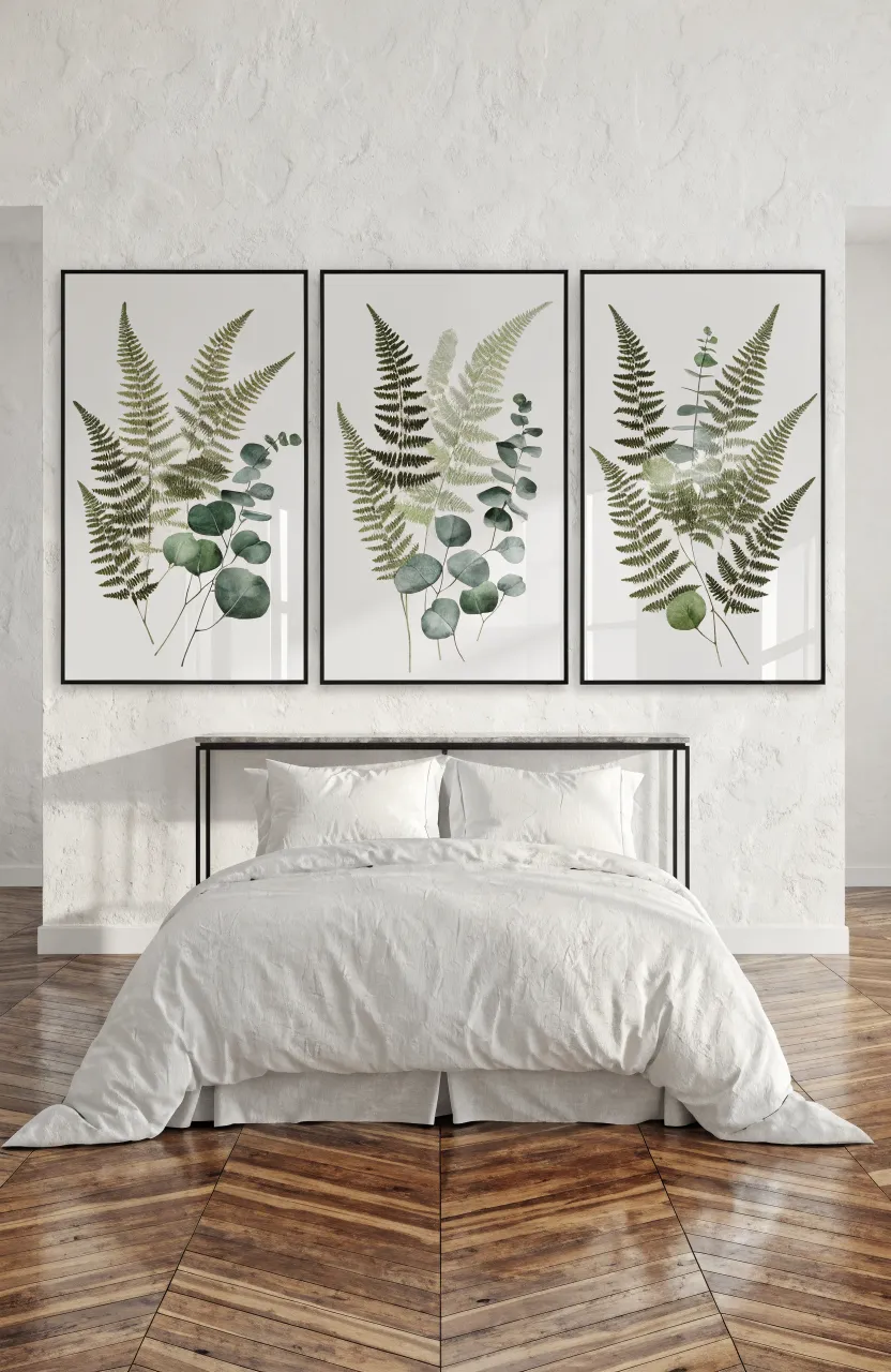 Three matching framed botanical prints hanging in a row on a white bedroom wall.