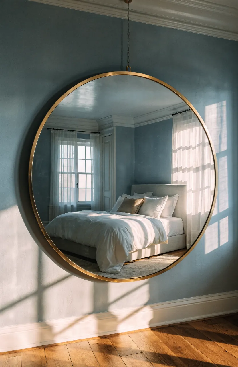 A large round mirror with a thin gold frame hanging on a bedroom wall.