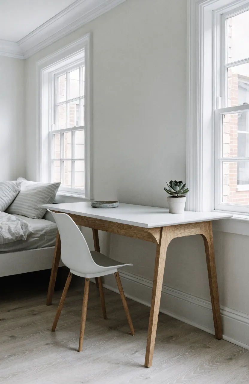 A small white minimalist desk and chair against a bedroom wall.