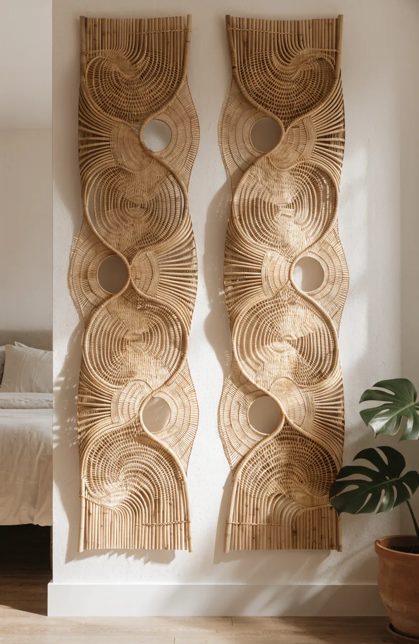 Two decorative woven bamboo panels hanging on a neutral bedroom wall.