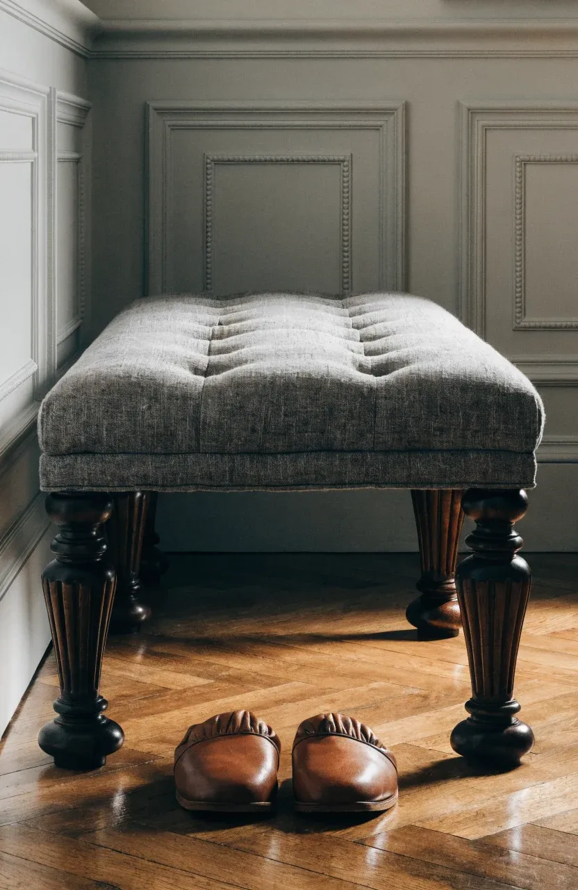 A grey tufted upholstered bench sitting against a bedroom wall with wood legs.