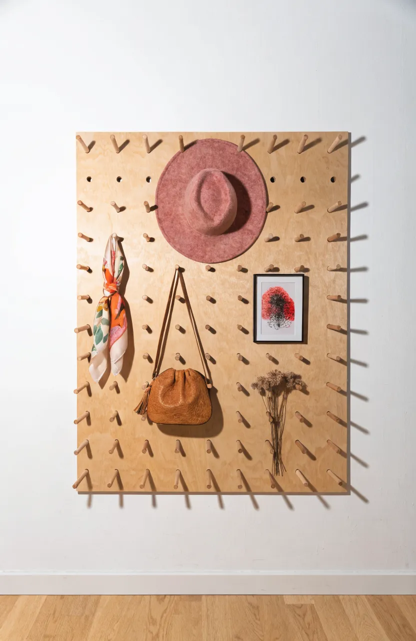 A wooden pegboard on a bedroom wall holding a hat, bag, and other accessories.