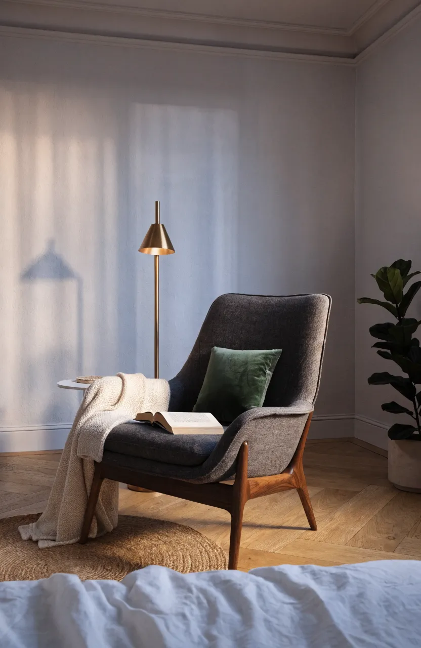 A cozy reading nook with a grey armchair and brass lamp on the wall opposite a bed.