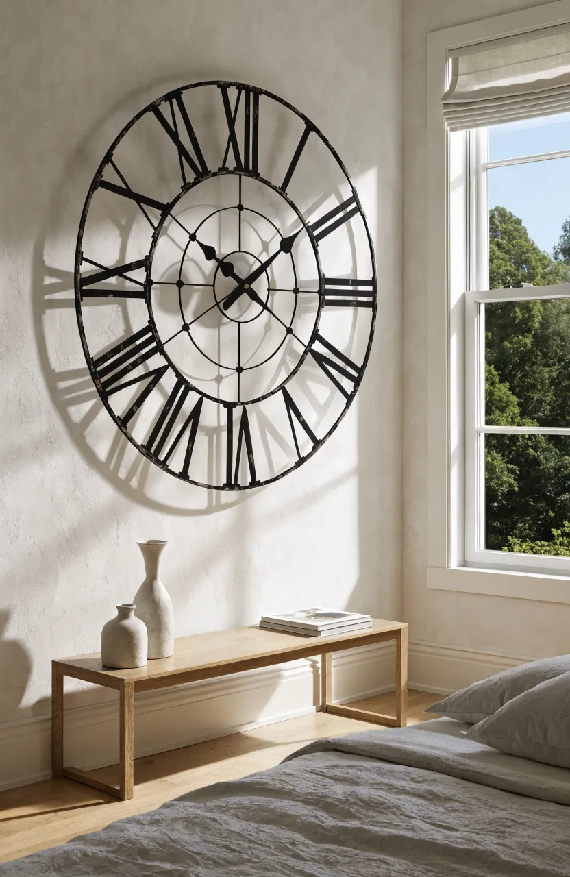 A large black wrought iron Roman numeral clock hanging on a white wall opposite a bed.