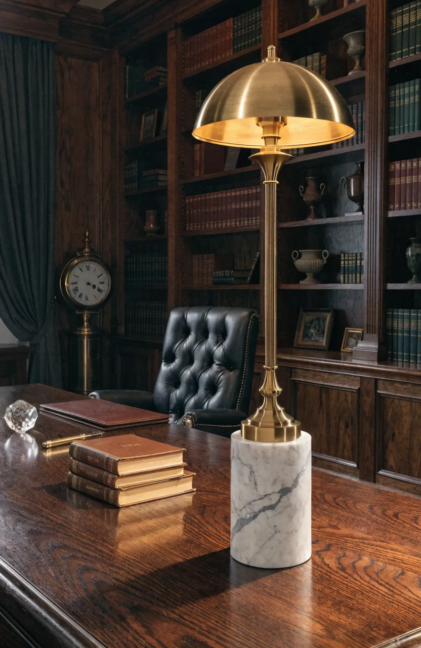 A luxury polished brass table lamp with a marble base on a dark wood desk in a library.